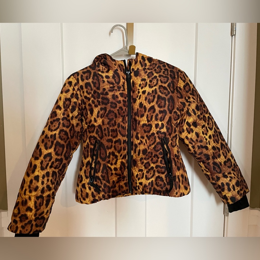 Girls, medium (10/12) coat in cheetah print, gold/tan & black.